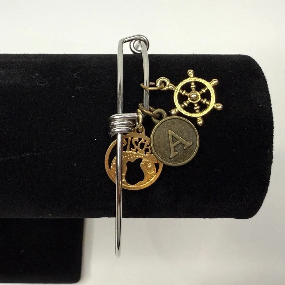 Zodiac Pisces Charm Bangle Bracelet Silver Gold Tone Initial A Nautical Wheel